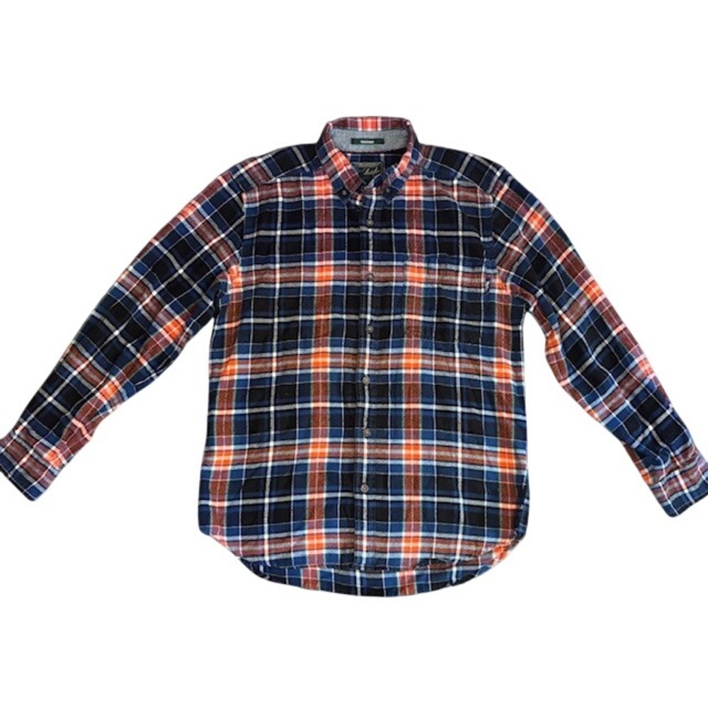 Woolrich Trout Run Mens Medium Blue Orange Plaid Flannel Button Down Shirt